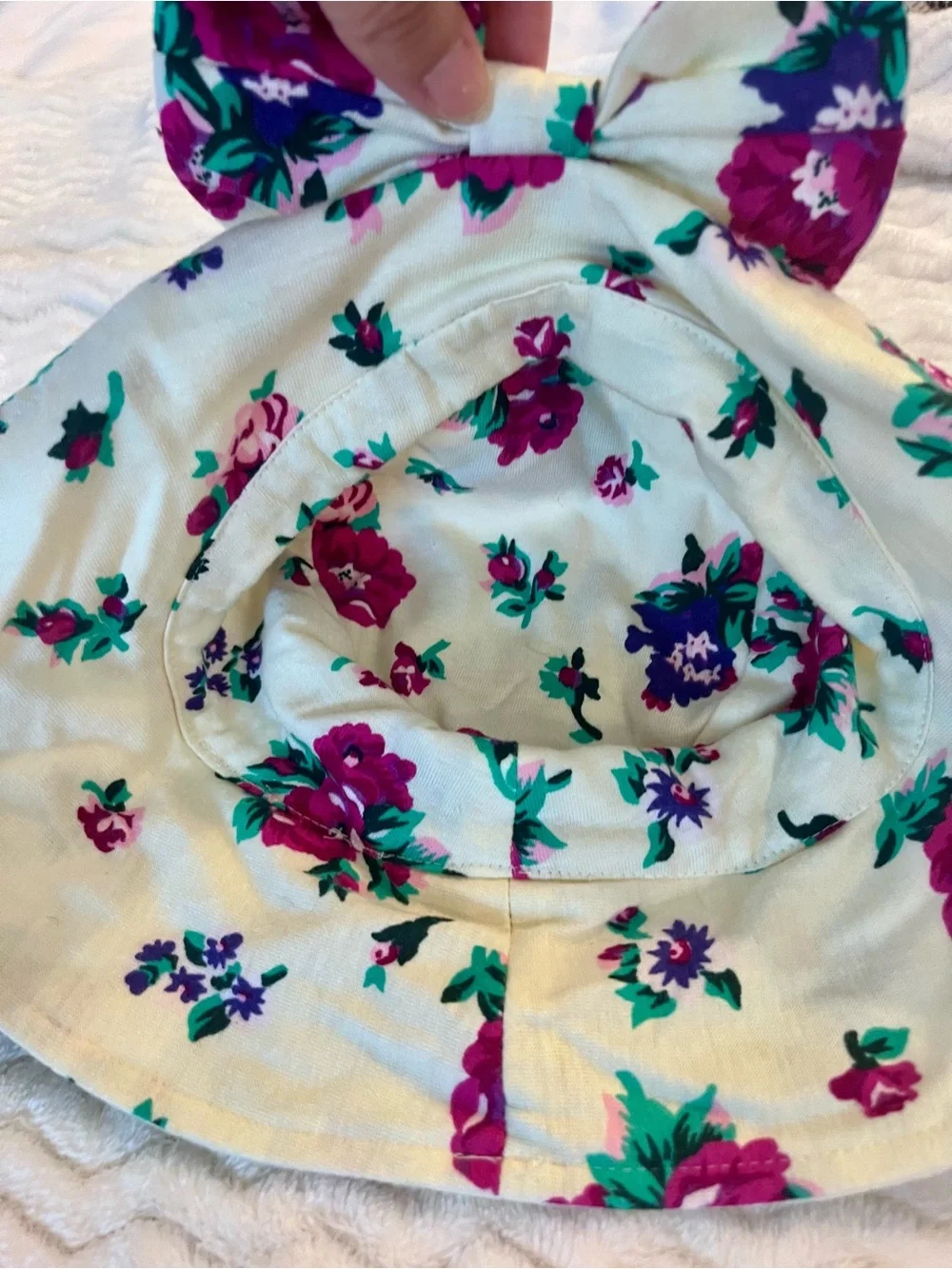 Vintage Floral Bow Sun Hat for Kids - Ivory with Magenta & Teal Flowers